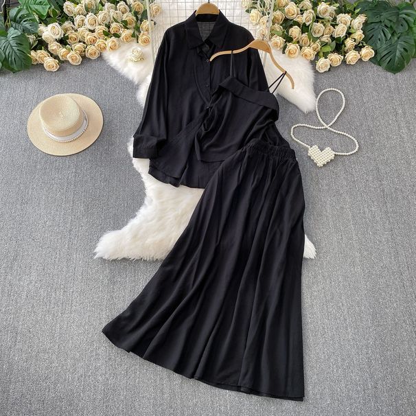 Women's Clothing Temperament Long Sleeved Sun Proof Shirt + Pleated Slimming Bottoming Sling + High Waisted Skirt Three Piece Set_ecoleips.com