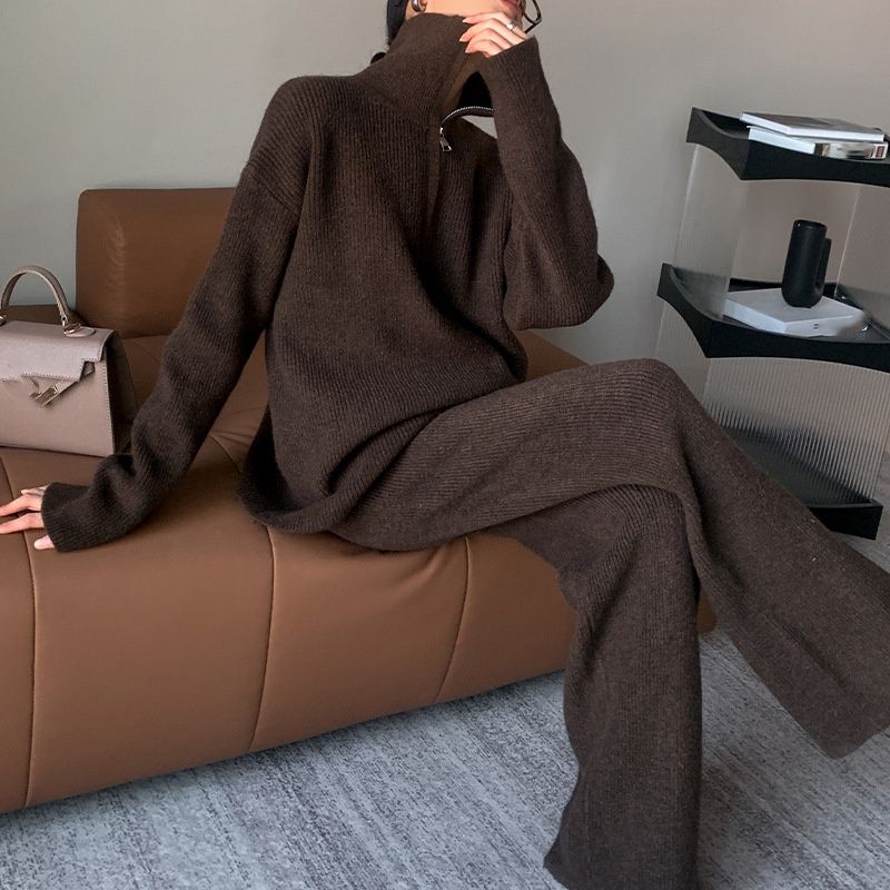 Effortless Office Chic – High Neck Zip Knit Set With Wide-Leg Pants (Fall Collection)_ecoleips.com