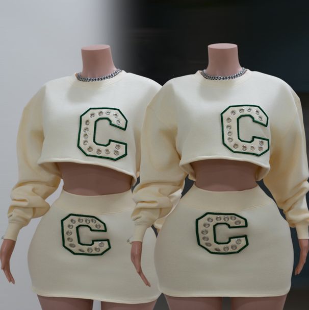 Women's Clothing Women's Fashion Embroidered Sweatshirt And Skirt Set European American Style Autumn Collection 3D Letter Design_ecoleips.com