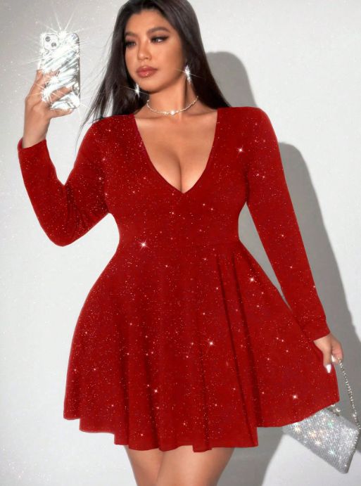 2026 Curvy Silver Glitter Stretch Knit Midi Dress, Deep V Neck Long Sleeve Dress Fall Winter Halloween Christmas Party Outfit_ecoleips.com