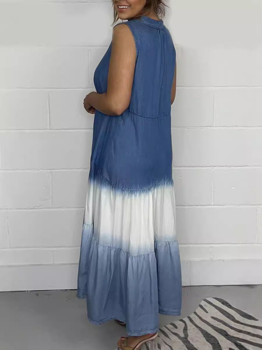 Independent Website Tie Dye Tencel Denim Long Sleeveless Blue And White Dress For Women_ecoleips.com