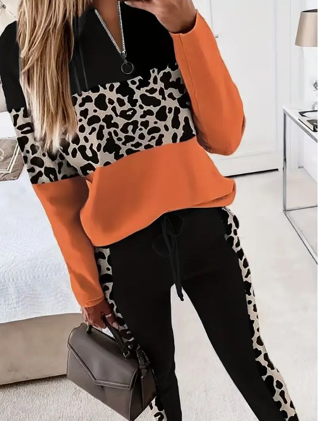 Women's Leopard Print Two-Piece Set – Long Sleeve Top & Pants (S-XXL, Orange, Spring & Fall)_ecoleips.com