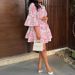 High Waist Lace Up Loose Holiday Mini Dress Elegant Flared Sleeve Pleated A-line Dress Casual V-neck Print Women's Summer Dress_ecoleips.com