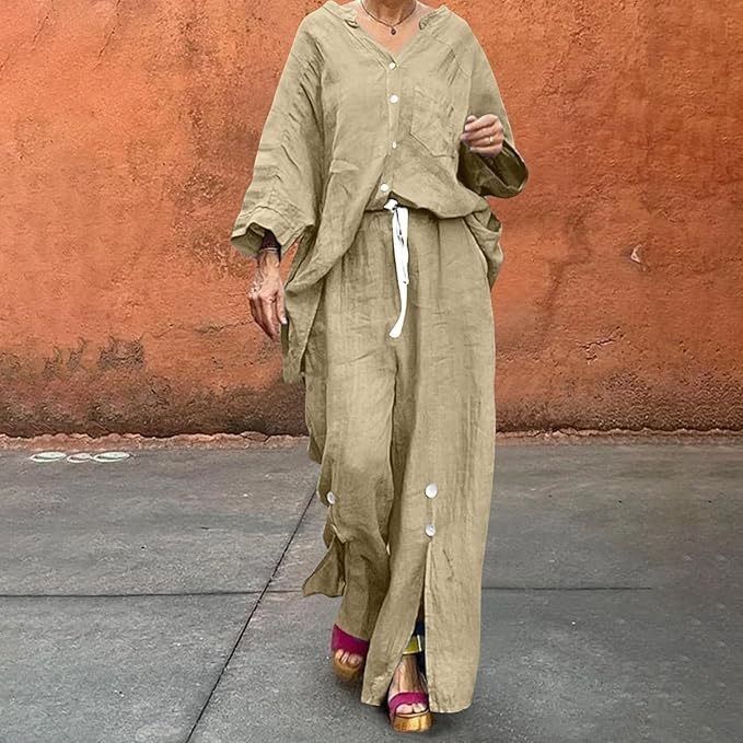 Women's Clothing Casual Cotton And Linen Solid Color Shirt Drawstring Wide Leg Pants Suit Women_ecoleips.com