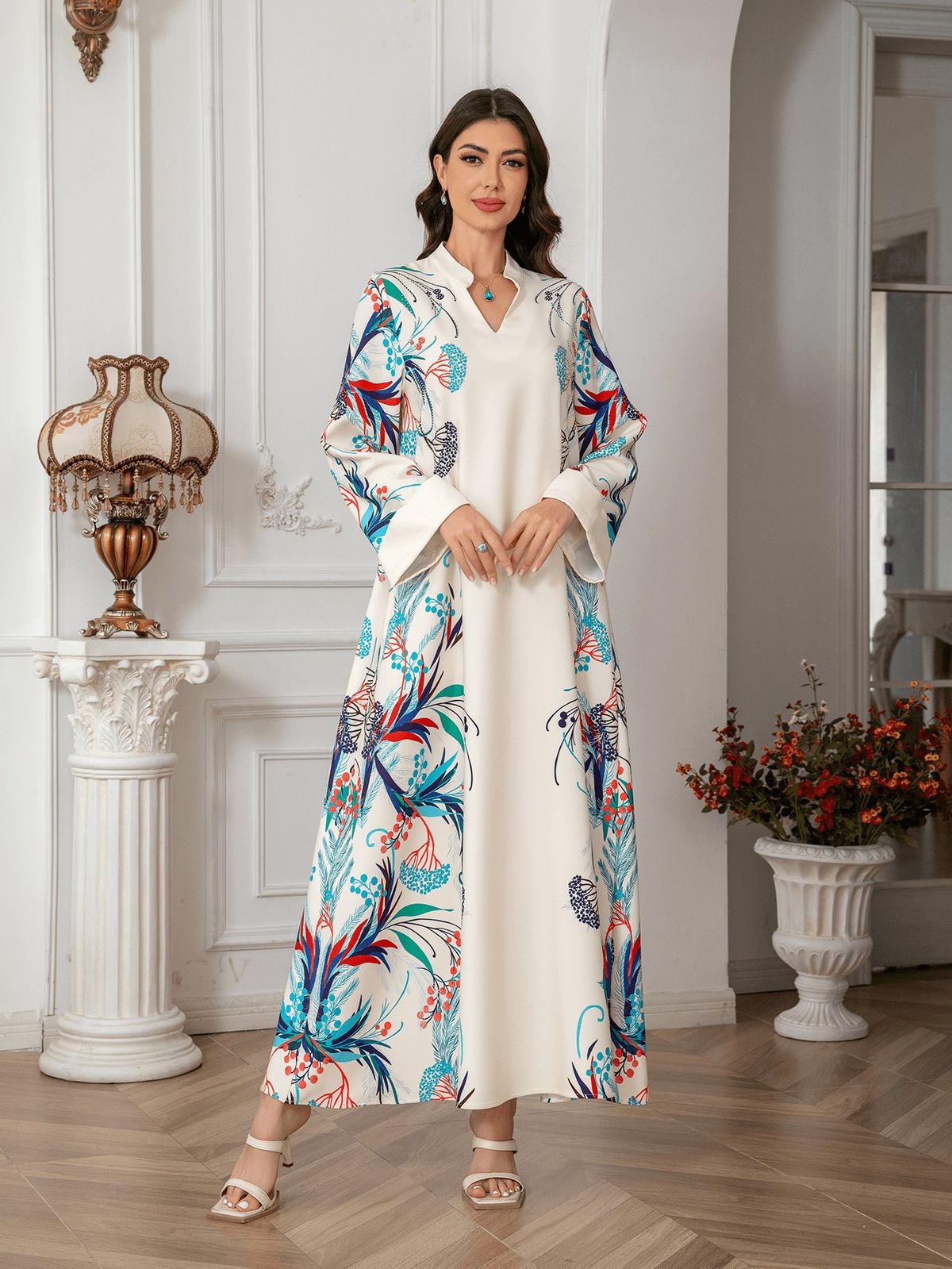 Muslim Women's Robes Elegant Temperament Printed Long Dress Abayas_ecoleips.com