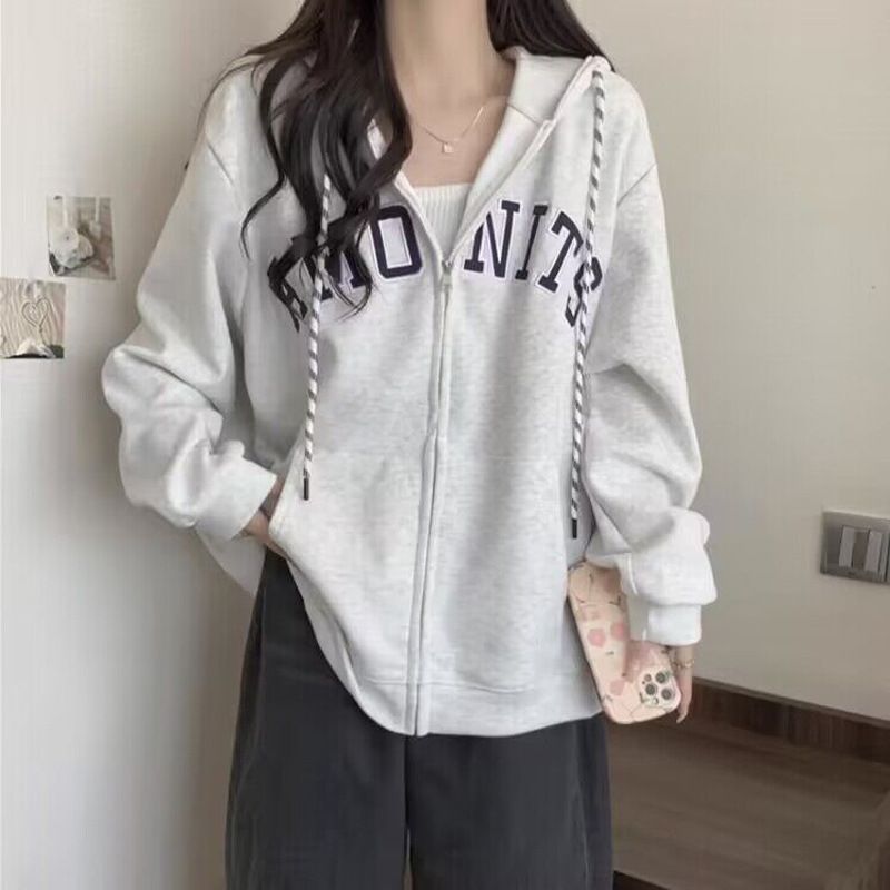 Real Sho Of American-syle Embroidered Zip-up Hoodie For Women, Auumn Large Size Loose Casual Long-sleeve Hooded_ecoleips.com