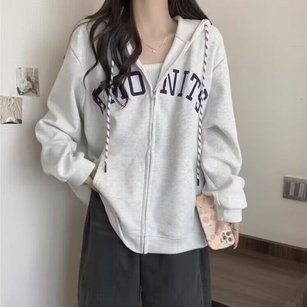 Real Sho Of American-syle Embroidered Zip-up Hoodie For Women, Auumn Large Size Loose Casual Long-sleeve Hooded_ecoleips.com