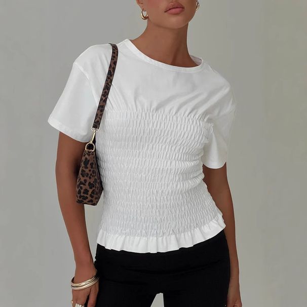 Women's Slimming Pleated Top American Style Hot Girl round Neck Short Sleeve Solid Color Versatile Summer Top Waist Cinching_ecoleips.com