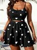 Curvy Heart Print Two Piece Set, Shirred Back Bow Tie A-Line Skirt For Beach Festival Party_ecoleips.com