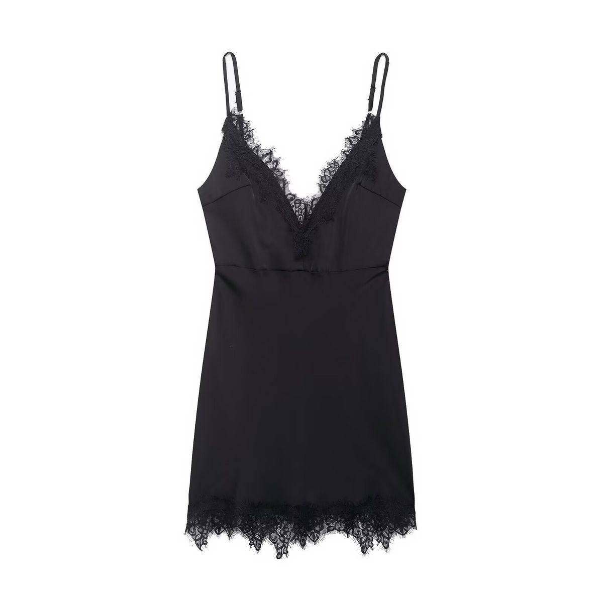Spring Floral Lace Trimmed V-Neck Slip Dress For Women, Stretchy Polyester Sleeveless Mini Dress, Casual & Date Night Outfit_ecoleips.com
