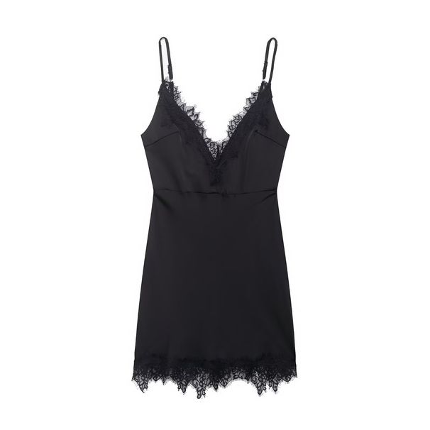 Spring Floral Lace Trimmed V-Neck Slip Dress For Women, Stretchy Polyester Sleeveless Mini Dress, Casual & Date Night Outfit_ecoleips.com