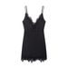 Spring Floral Lace Trimmed V-Neck Slip Dress For Women, Stretchy Polyester Sleeveless Mini Dress, Casual & Date Night Outfit_ecoleips.com