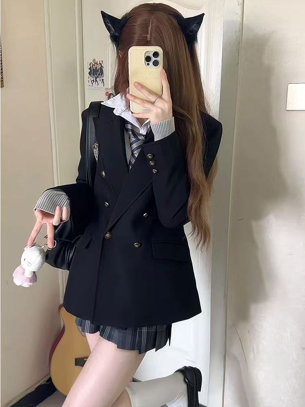 JK Uniform Jacket, Black Double-breasted Slim-fit Blazer, College Style Student Top, Comes With Badge_ecoleips.com