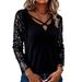 Elegant V-Neck Long Sleeve Blouse With Sequin Accents - Stretch Knit Fabric For Women (Red/Black, S-XXL)_ecoleips.com