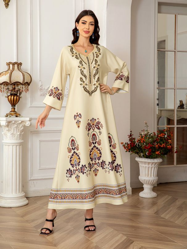 Muslim Women's Robe Elegant Temperament Printed Embroidered Dress Abayas_ecoleips.com