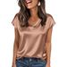 Women's Fashion Satin Top V Neck Short Sleeve Solid Color Spring Summer New Versatile Clothing_ecoleips.com