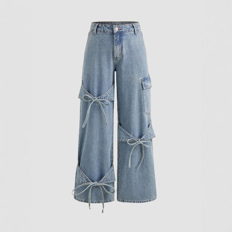 Women's Clothing Hot Girl Collage Bow Jeans Women's Straight Pants Loose Trousers Ins Style_ecoleips.com