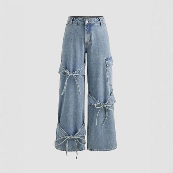 Women's Clothing Hot Girl Collage Bow Jeans Women's Straight Pants Loose Trousers Ins Style_ecoleips.com
