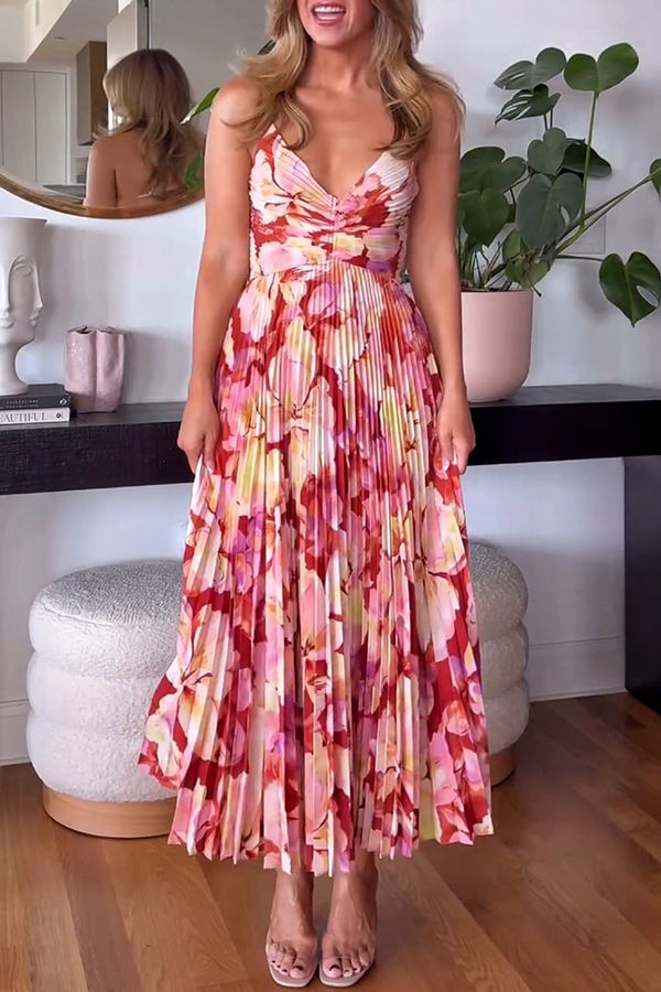 Women's V-Neck Suspender Dress - Sleeveless Pleated Beach Dress With Printed Design | European & American Fashion_ecoleips.com