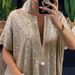 Women's Glitter V-Neck Blouse – Oversized Short-Sleeve Top With Sparkle Details, Elegant & Chic_ecoleips.com