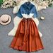 Women's Clothing Fashionable Brand Large Size Color Matching Drawstring Waist Denim Shirt Long Short-sleeved Dress For Women Spring And Summer_ecoleips.com