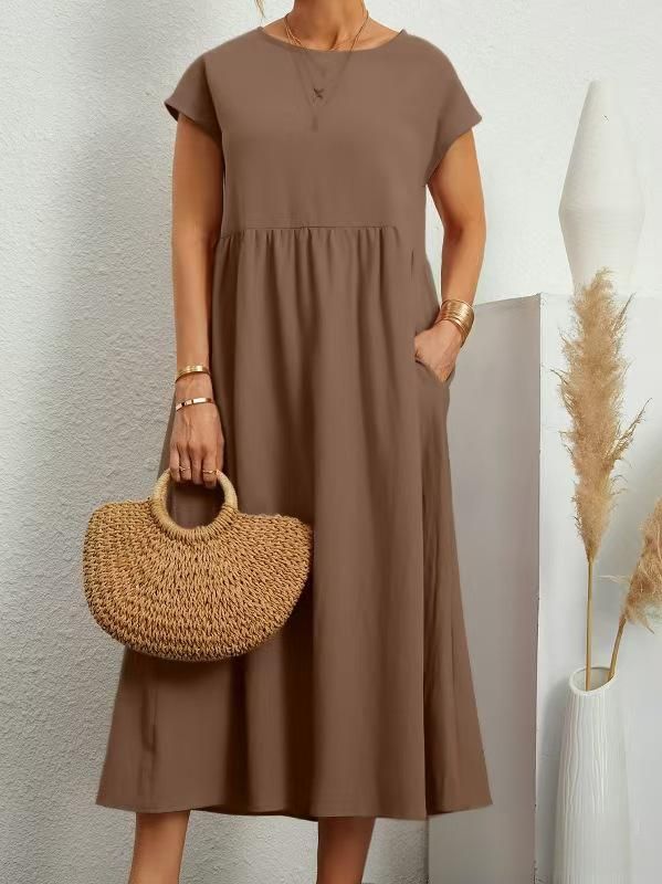 Women's Clothing Style Solid Color Cotton Linen Dress Round Neck Short Sleeved Loose Fit Pockets Ruched Details_ecoleips.com