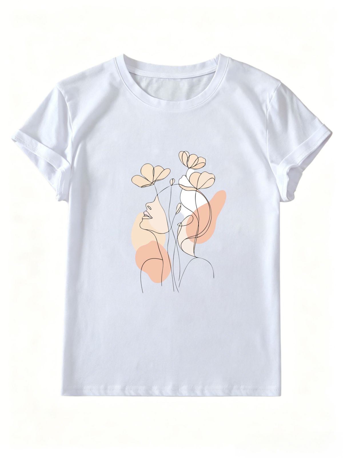 Women Crew Neck Short Sleeve T-Shirt Minimalist One Line Dual Faces Floral Abstract Graphic Casual Summer Basic Daily Top For Ladies_ecoleips.com