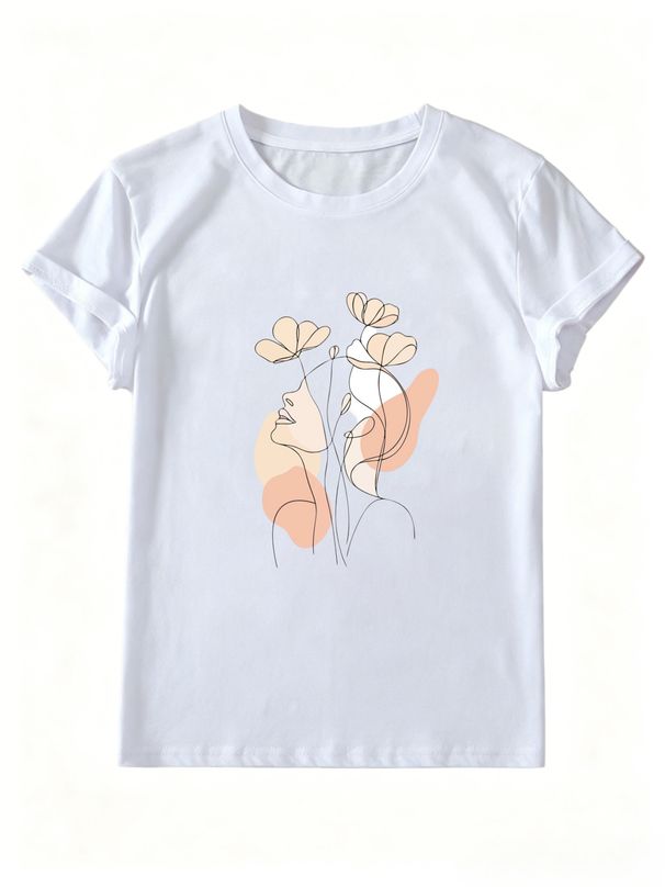 Women Crew Neck Short Sleeve T-Shirt Minimalist One Line Dual Faces Floral Abstract Graphic Casual Summer Basic Daily Top For Ladies_ecoleips.com