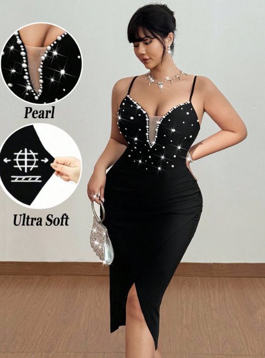 Curvy Women Solid Cami Maxi Dress, Shiny Pearl Crisscross Ruched Hem Elegant Cocktail Gown For Party Romantic Date_ecoleips.com