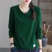 Women's V-Neck T-Shirt With Long Sleeves And A Loose Fit Designed In The Korean Style For Spring 2026; Slimming Effect_ecoleips.com