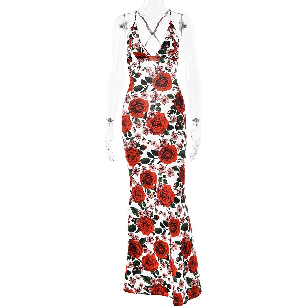 Women’s Clothing New Summer Suspender Sleeveless Dress Sexy Fashion Print Backless Slim Long Skirt_ecoleips.com