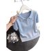 Summer New Women's Sweet Light Blue Collared Short Sleeve Knitted Top Korean Style Gentle Soft T-Shirt 2026_ecoleips.com
