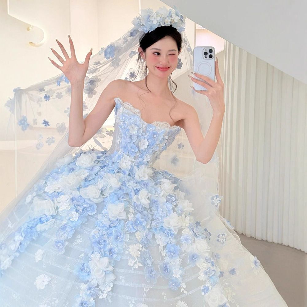 Blue Floral Strapless Evening Gown French Style Niche Emcee Banquet Dress Elegant Subtly Luxurious Princess Dress for Women_ecoleips.com