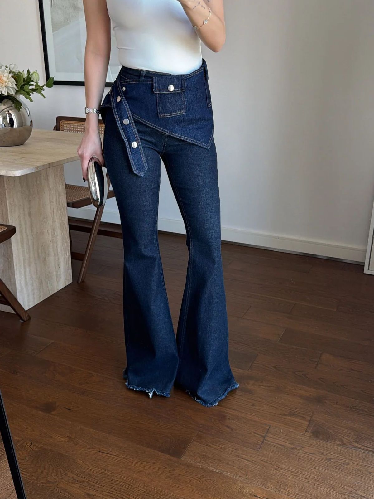 Women's Clothing American Style High-Waisted Flared Jeans For Women Faux Two-Piece Set Trendy Ins Hot Item Comfortable Fit Denim_ecoleips.com