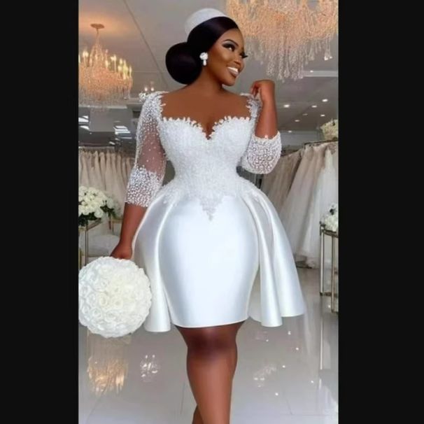 plus Size Wedding Dress African Brides Lace Long Sleeve Evening Gown Women's Party Wear_ecoleips.com