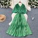 Women's Clothing Pleated Dress Female Summer High End Light Luxury V Neck Bat Sleeve Waist Metallic Pleated Long Skirt_ecoleips.com