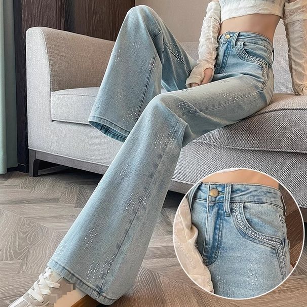 Hot Diamond Flared Jeans For Women 2025 Spring Wear High End Rhinestones Small Hot Girl Heavy Duty Horseshoe Flared Pants_ecoleips.com