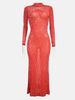 Women's Clothing Fashion Solid Color Elegant Mesh Long Sleeve Dress With Rhinestone Embroidery – Pure Color Sheer Dress For Women (Red/Blue, S-XXL)_ecoleips.com