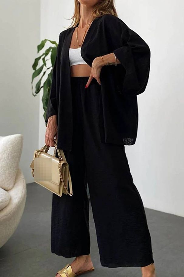 Breathable Cotton Linen Lounge Set - Long Sleeve Button-Up Top With Wide-Leg Pants, Relaxed Two-Piece Outfit For Women_ecoleips.com