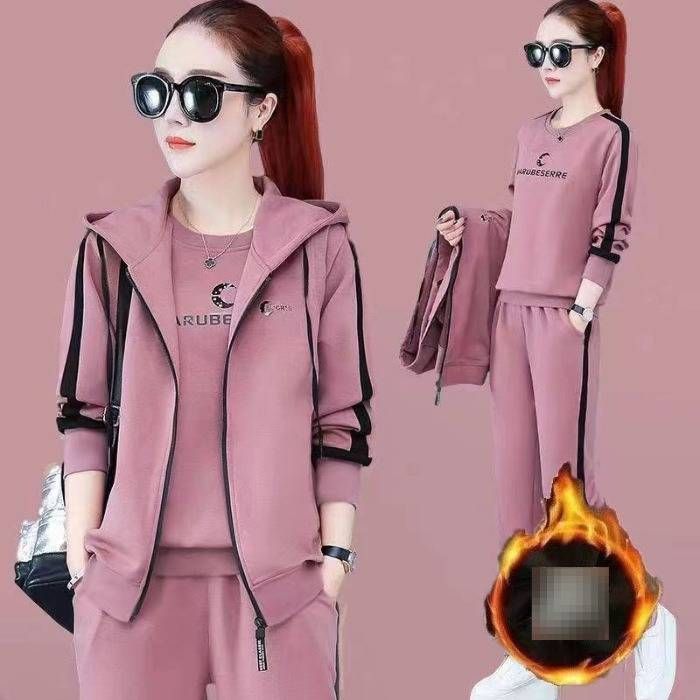 Women's Fleece-Lined 3-Piece Set - Long Sleeve Hoodie With Vest & Pants, Korean Winter Warm Outfit (Wine Red, Pink, Blue, Purple, Gray)_ecoleips.com