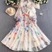 Floral Print V-Neck Dress With Bow Accent – Elegant A-Line Maxi Dress (White-Purple/White-Red/Beige, S-Xxl)_ecoleips.com