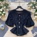 Women's Sweet Lace Blouse Peter Pan Collar Puff Sleeve High End Summer Style Waist Cinching Versatile Ruffled Hem Top_ecoleips.com