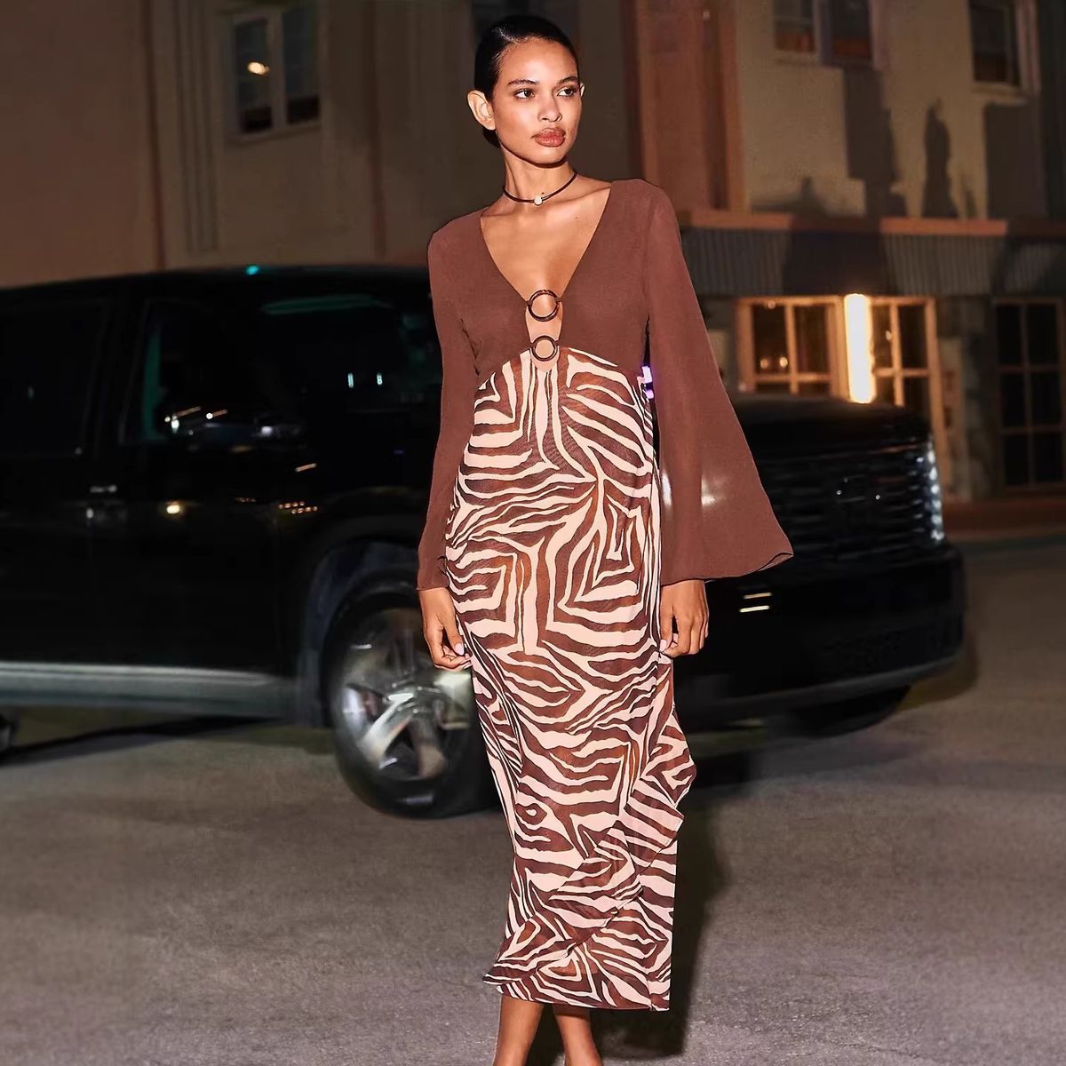 Women's Clothing Women's Fashion Long Sleeve Dress Color Blocking Print V Neck Mesh Style Summer For Formal & Casual For Women_ecoleips.com