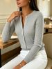 Light Grey Cable Pit Rib Knit Cardigan, Loose Lightweight Breathable Soft Skin-touch Button Long Sleeve Jacket_ecoleips.com
