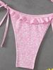 Women Pink Ditsy Floral 2 Piece Bikini Set Halter Tie Ruffle Edge Front Bow Side Tie High Cut Cheeky Bathing Suit Summer Beach Swimwear_ecoleips.com