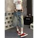 Vintage Washed Denim Capri Pants – High Street Wide-Leg Cropped Jeans For Women (Blue, S-4XL, Relaxed Fit, Stretch Comfort, Summer)_ecoleips.com