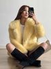 Women’s Faux Fur Coat – Mid-Length Winter Jacket With Notched Lapel (S/M/L, Peacock Blue/Lemon Yellow)_ecoleips.com
