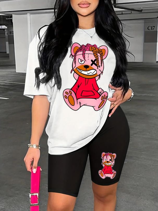 Summer Women's Casual And Fashionable Teddy Bear Print Loose T-shirt+shorts Two-piece Sportswear Suitable For Daily Wear-43_ecoleips.com