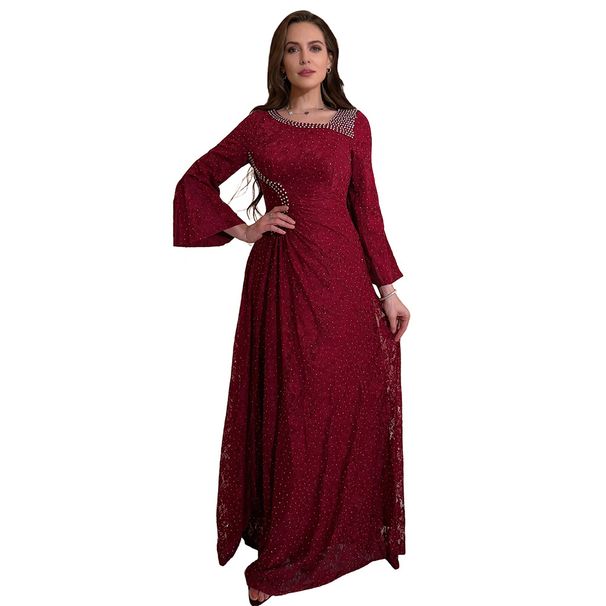 Modest Abaya Dress"Elegant Middle Eastern Muslim Dress – Slim Fit Long Dress With Lace & Rhinestone Details, Modest Fashion For Women"_ecoleips.com