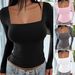 Women's Clothing Square Collar Long Sleeved Pullover Tight Casual Fashion Tops_ecoleips.com